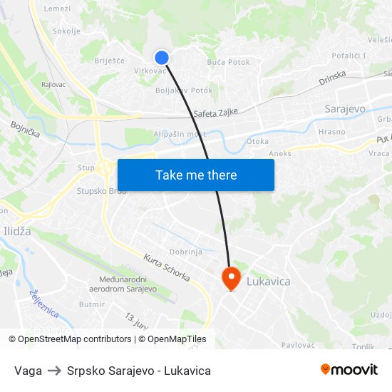 Vaga to Srpsko Sarajevo - Lukavica map