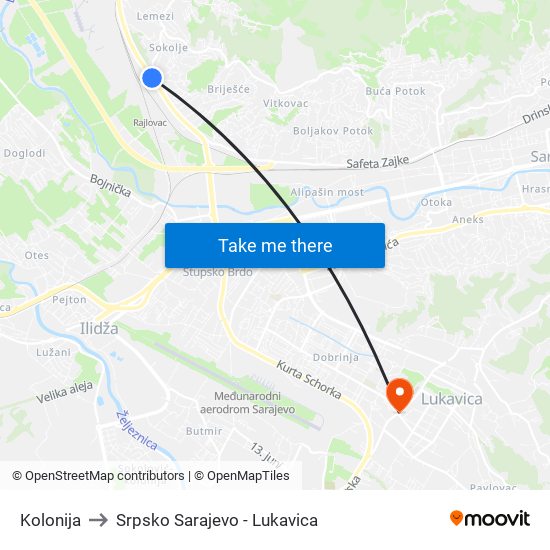 Kolonija to Srpsko Sarajevo - Lukavica map