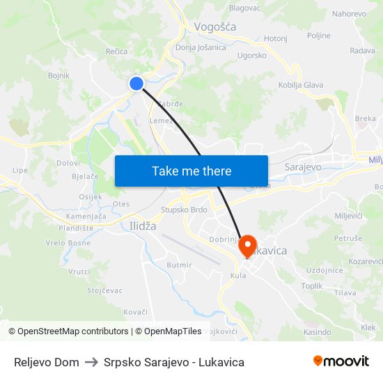 Reljevo Dom to Srpsko Sarajevo - Lukavica map