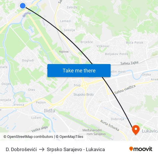 D. Dobroševići to Srpsko Sarajevo - Lukavica map
