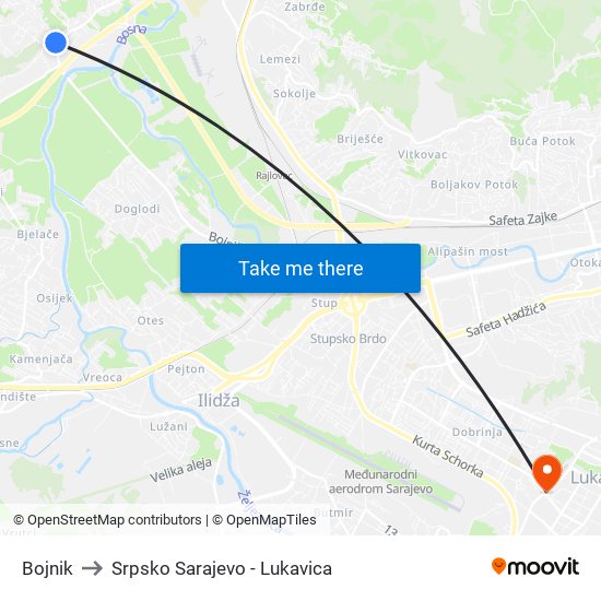 Bojnik to Srpsko Sarajevo - Lukavica map