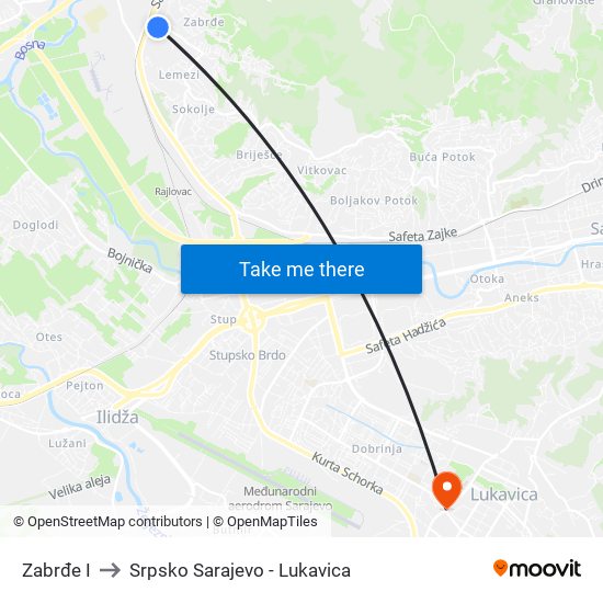 Zabrđe I to Srpsko Sarajevo - Lukavica map