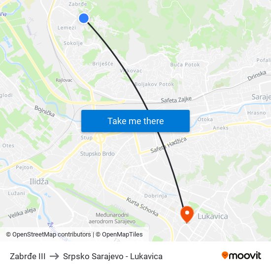 Zabrđe III to Srpsko Sarajevo - Lukavica map