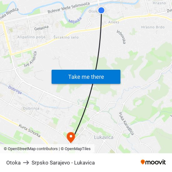 Otoka to Srpsko Sarajevo - Lukavica map