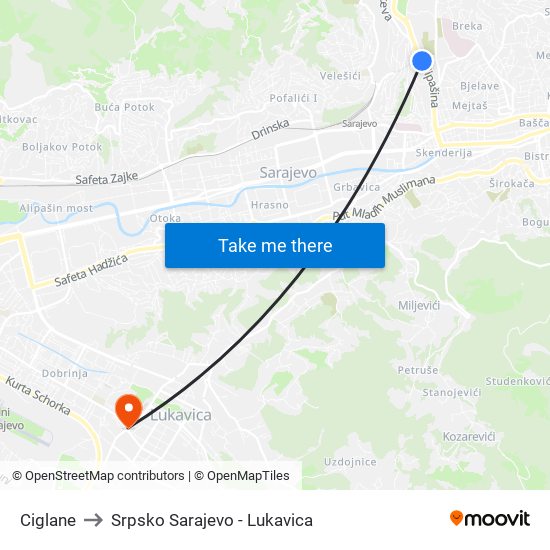 Ciglane to Srpsko Sarajevo - Lukavica map