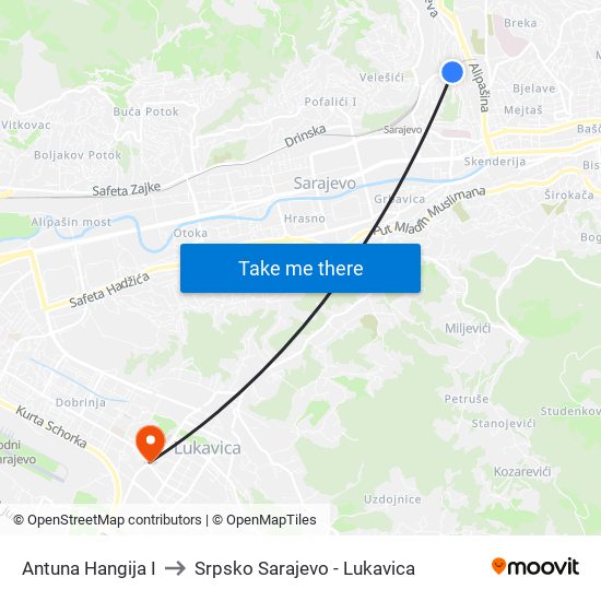 Antuna Hangija I to Srpsko Sarajevo - Lukavica map
