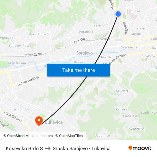 Koševsko Brdo S to Srpsko Sarajevo - Lukavica map