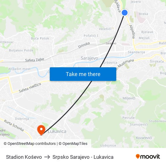 Stadion Koševo to Srpsko Sarajevo - Lukavica map