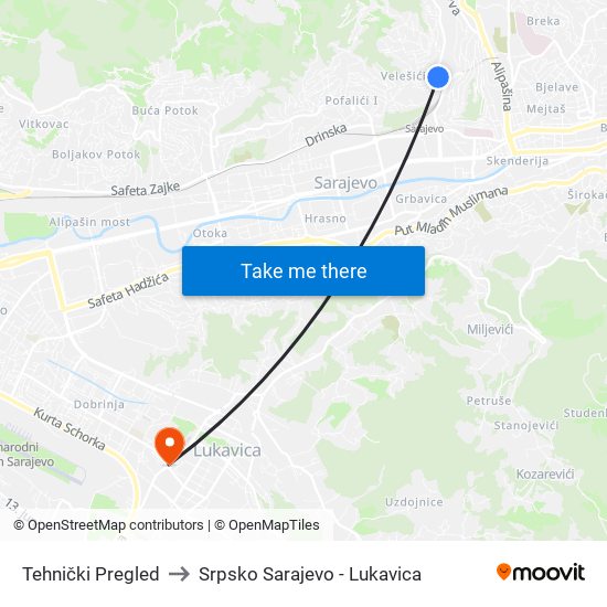 Tehnički Pregled to Srpsko Sarajevo - Lukavica map
