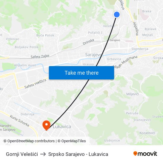 Gornji Velešići to Srpsko Sarajevo - Lukavica map