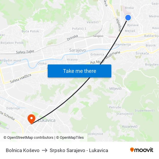 Bolnica Koševo to Srpsko Sarajevo - Lukavica map