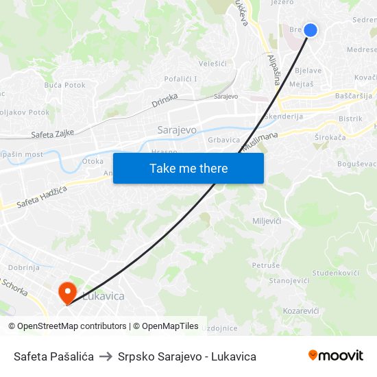 Safeta Pašalića to Srpsko Sarajevo - Lukavica map