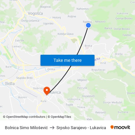 Bolnica Simo Milošević to Srpsko Sarajevo - Lukavica map