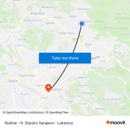 Rudine to Srpsko Sarajevo - Lukavica map