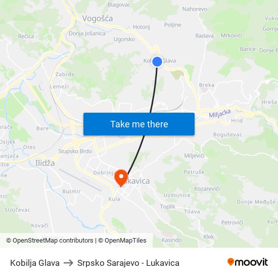Kobilja Glava to Srpsko Sarajevo - Lukavica map