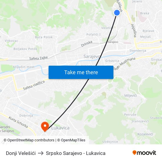 Donji Velešići to Srpsko Sarajevo - Lukavica map