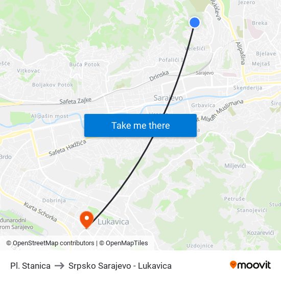 Pl. Stanica to Srpsko Sarajevo - Lukavica map