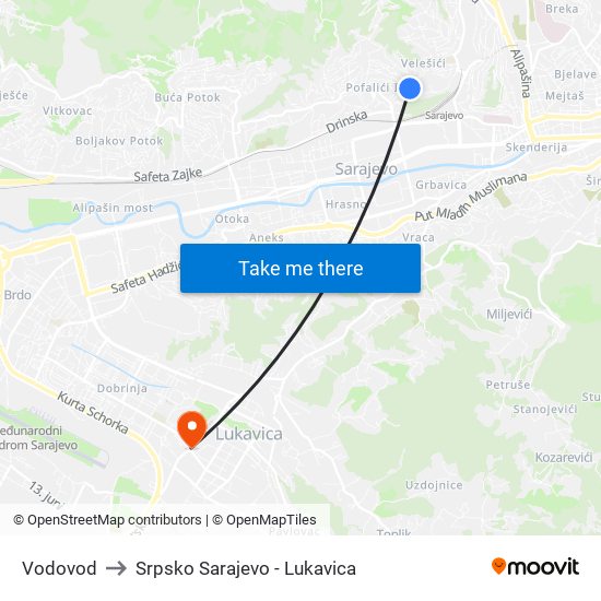 Vodovod to Srpsko Sarajevo - Lukavica map