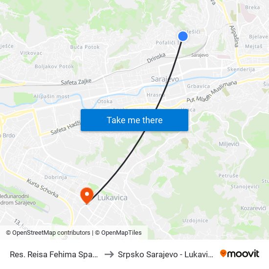 Res. Reisa Fehima Spahe to Srpsko Sarajevo - Lukavica map