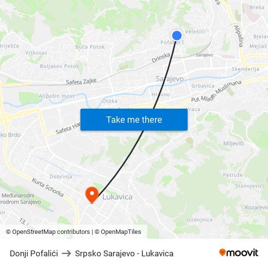Donji Pofalići to Srpsko Sarajevo - Lukavica map