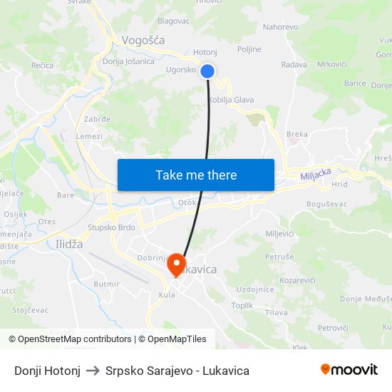 Donji Hotonj to Srpsko Sarajevo - Lukavica map
