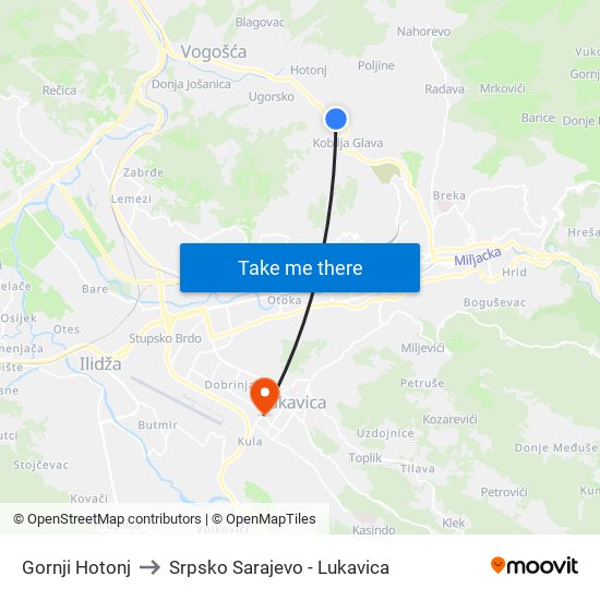 Gornji Hotonj to Srpsko Sarajevo - Lukavica map