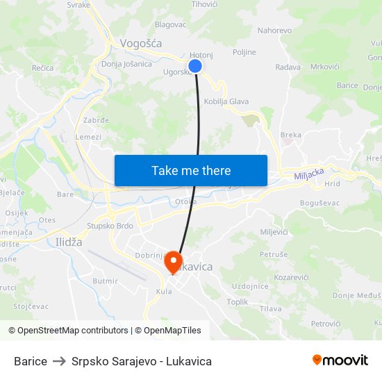 Barice to Srpsko Sarajevo - Lukavica map