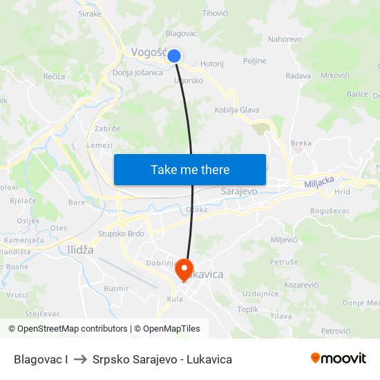 Blagovac I to Srpsko Sarajevo - Lukavica map