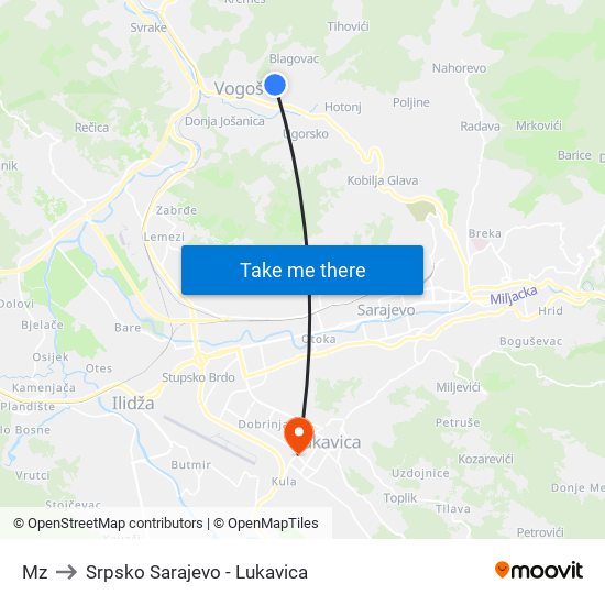 Mz to Srpsko Sarajevo - Lukavica map