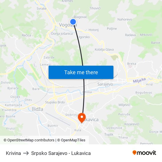 Krivina to Srpsko Sarajevo - Lukavica map