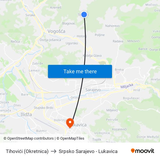 Tihovići (Okretnica) to Srpsko Sarajevo - Lukavica map