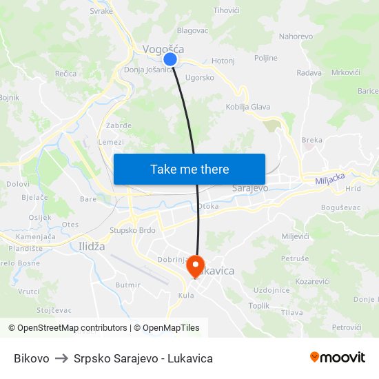 Bikovo to Srpsko Sarajevo - Lukavica map