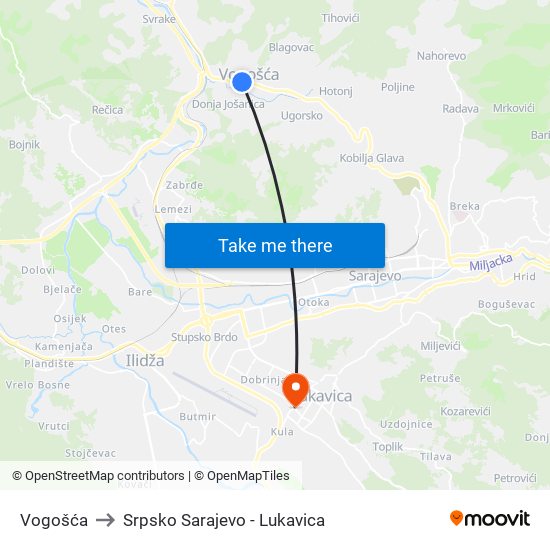 Vogošća to Srpsko Sarajevo - Lukavica map