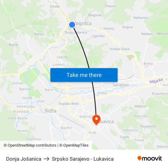 Donja Jošanica to Srpsko Sarajevo - Lukavica map