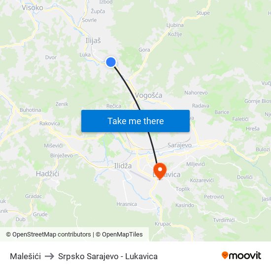 Malešići to Srpsko Sarajevo - Lukavica map