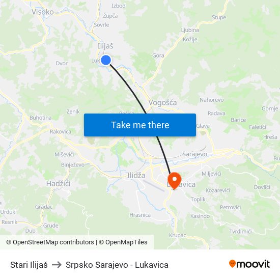 Stari Ilijaš to Srpsko Sarajevo - Lukavica map