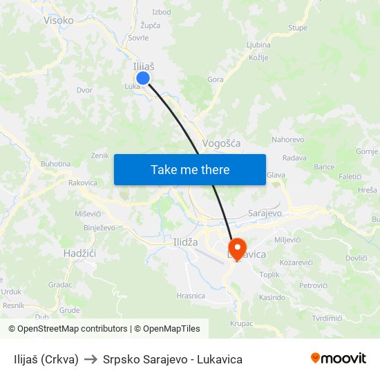 Ilijaš (Crkva) to Srpsko Sarajevo - Lukavica map