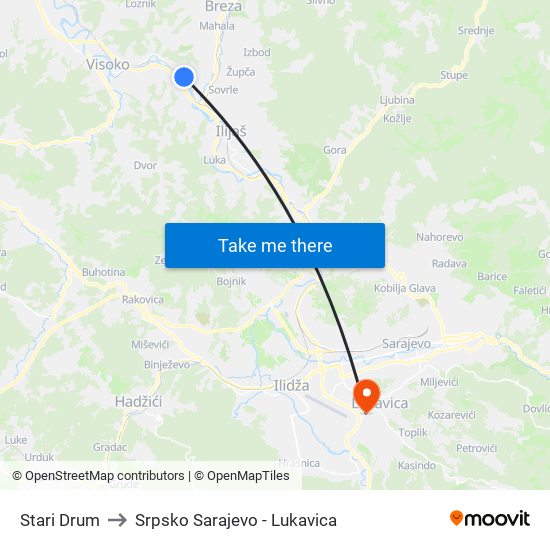 Stari Drum to Srpsko Sarajevo - Lukavica map