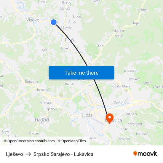 Lješevo to Srpsko Sarajevo - Lukavica map