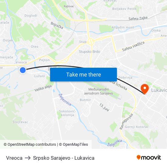 Vreoca to Srpsko Sarajevo - Lukavica map