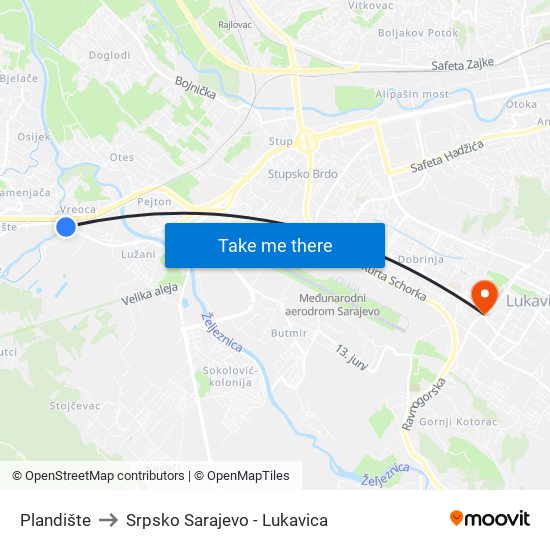 Plandište to Srpsko Sarajevo - Lukavica map