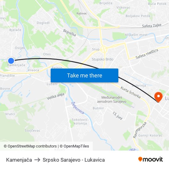 Kamenjača to Srpsko Sarajevo - Lukavica map