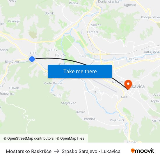 Mostarsko Raskršće to Srpsko Sarajevo - Lukavica map