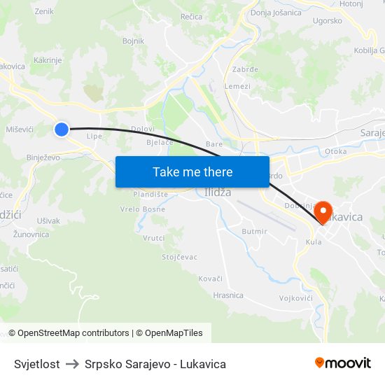 Svjetlost to Srpsko Sarajevo - Lukavica map