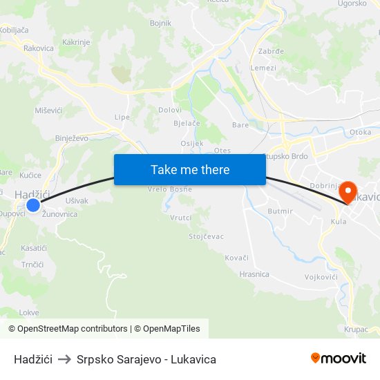 Hadžići to Srpsko Sarajevo - Lukavica map