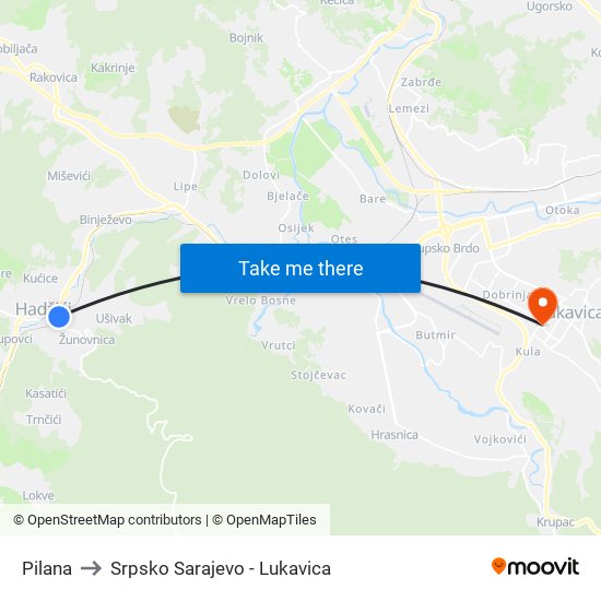Pilana to Srpsko Sarajevo - Lukavica map