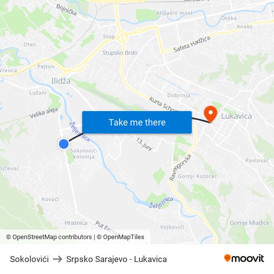 Sokolovići to Srpsko Sarajevo - Lukavica map