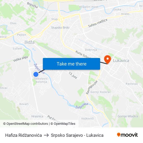 Hafiza Ridžanovića to Srpsko Sarajevo - Lukavica map
