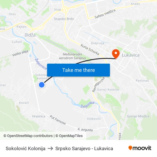 Sokolović Kolonija to Srpsko Sarajevo - Lukavica map
