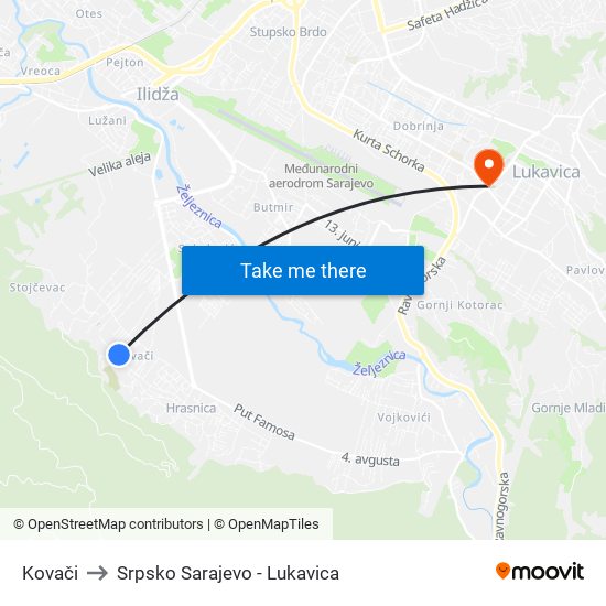 Kovači to Srpsko Sarajevo - Lukavica map